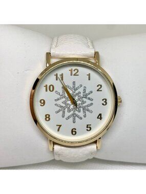 Gold tone women’s watch snowflake dial 40mm quartz analog white leather running